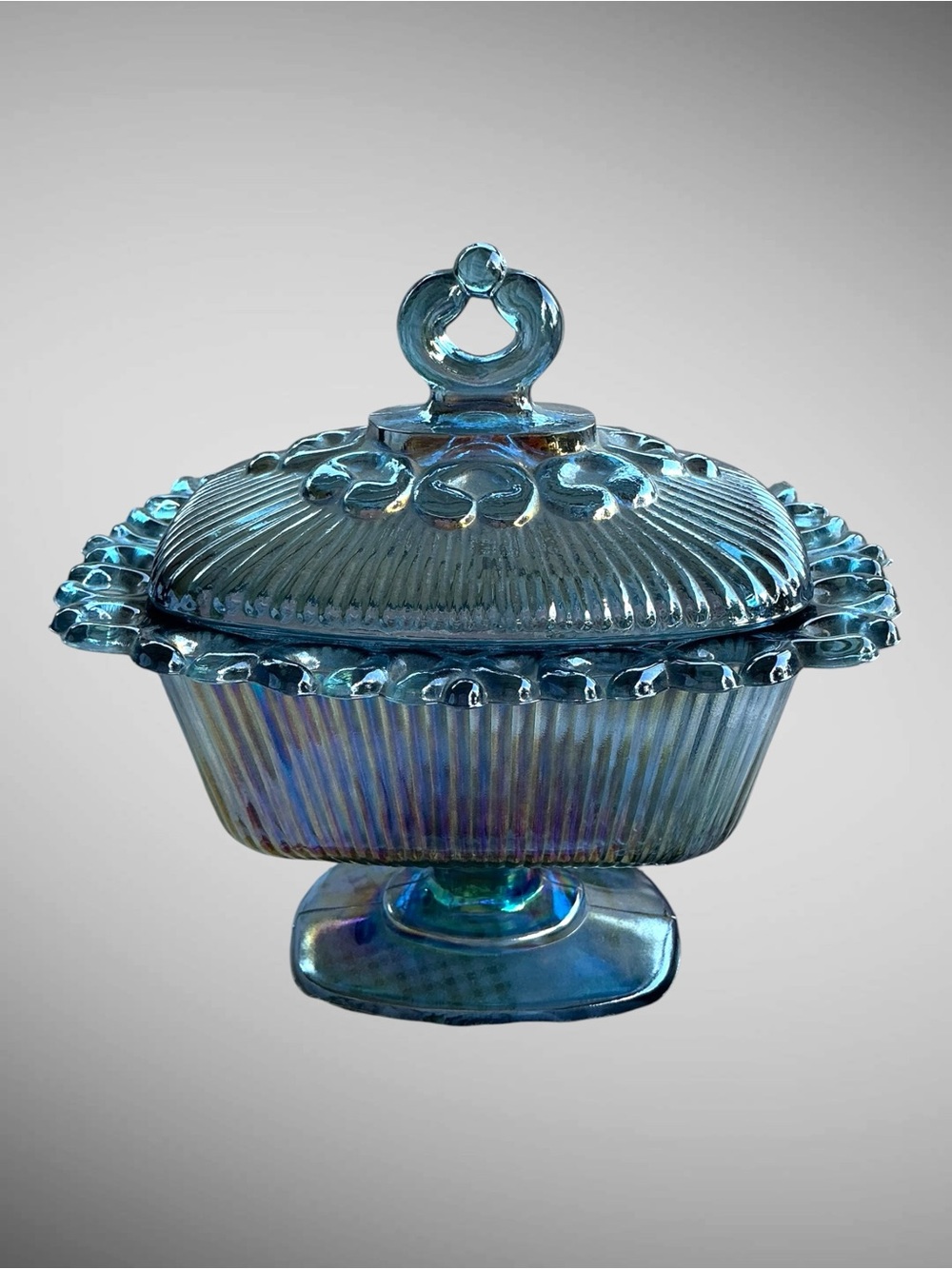 Vintage Indiana Glass Blue Carnival Glass Lace Edge Footed Candy Dish